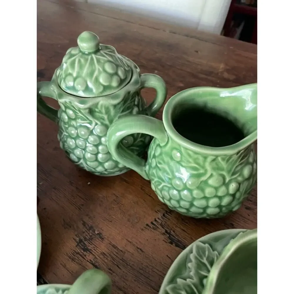 Vintage Style Green Grape Vine Majolica Relief Tea Set Serving Collection